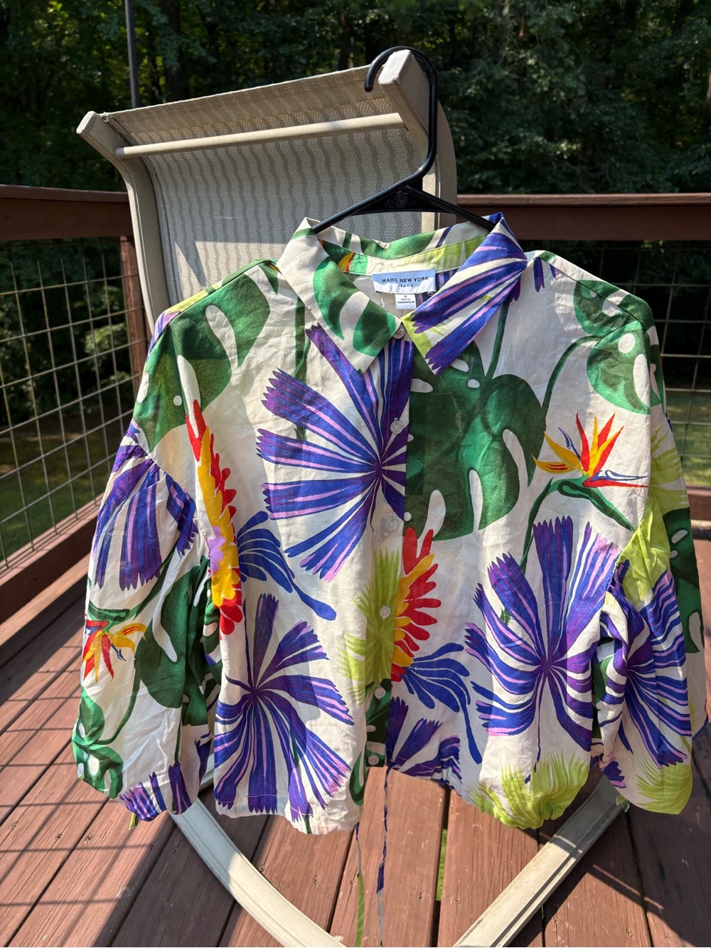 Marc New York Tropical Floral Button-Up Blouse in Cream, Purple, Green
